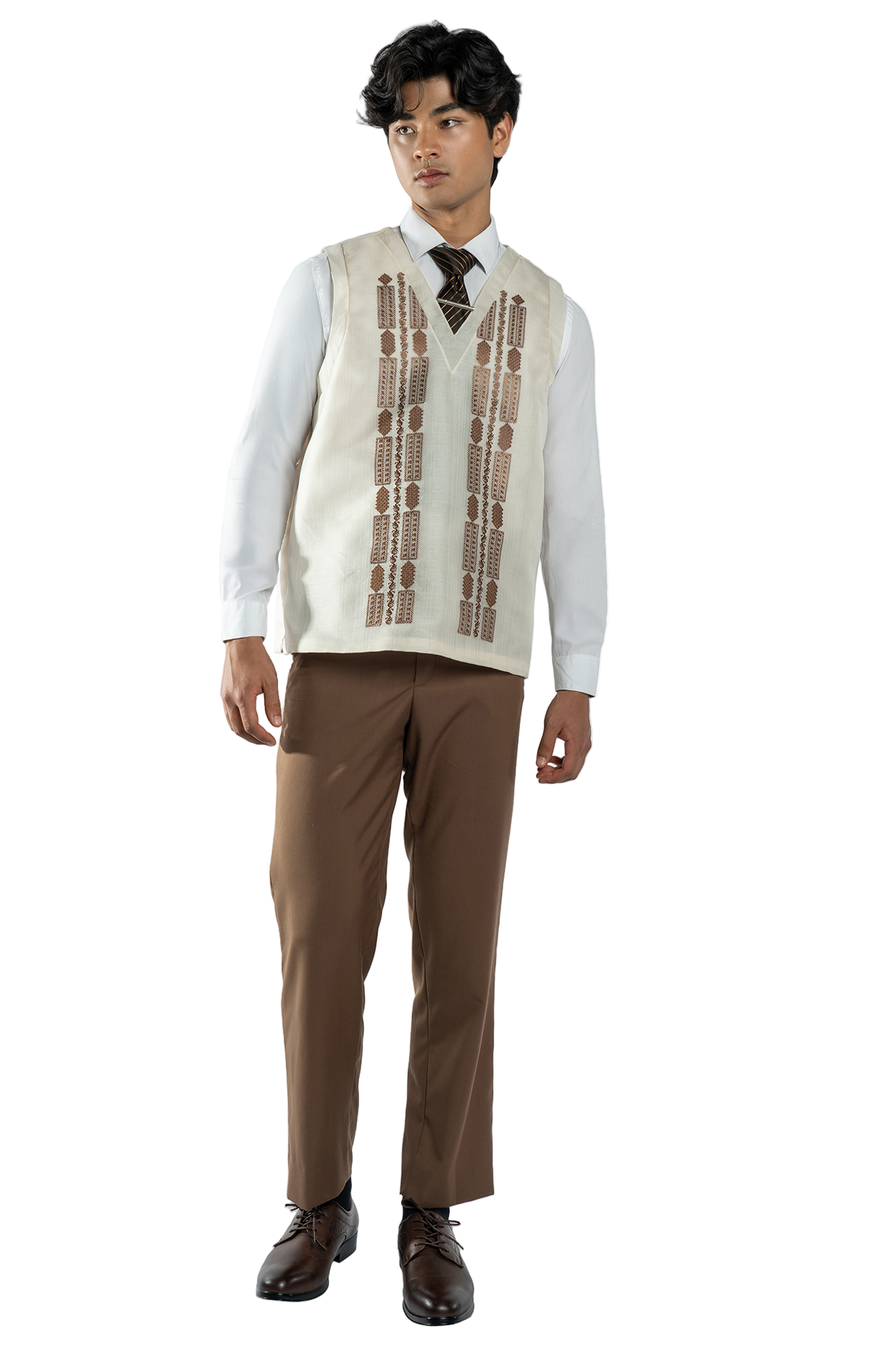 Man wearing a white shirt with a patterned vest, brown pants, and shoes on a white background